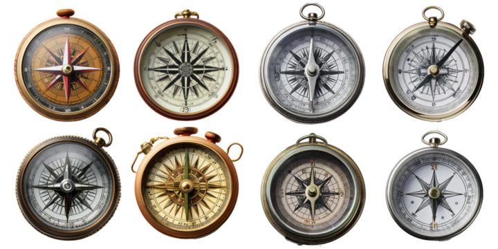 Vintage Compass Collection for Navigation and Exploration, PNG collection, set bundle, isolate on transparent or white background