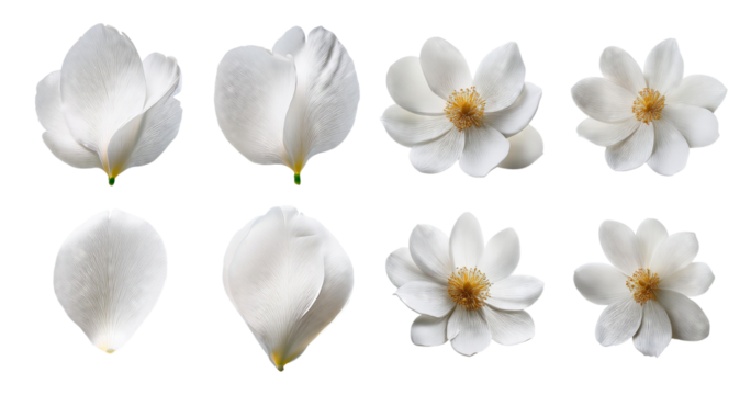 White Flower Petals and Blooms on Dark Background for Nature Design, Bundle Set Collection, Isolated on Transparent Background