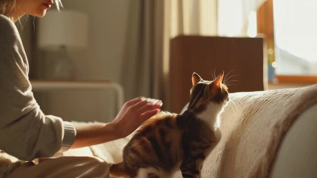 A person's hand petting a domestic cat on a sofa, bathed in warm sunlight, creating a cozy and loving moment. The cat has a tabby pattern Stock Video