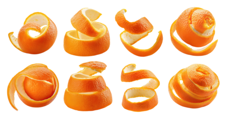 Vibrant Orange Peel Art Showcase with Creative Twists and Spirals, PNG bundle collection, Isolated on Transparent Background