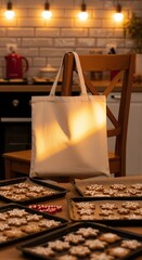 A blank canvas tote bag mockup on a wooden chair in a cozy kitchen with trays of freshly baked Christmas cookies.
