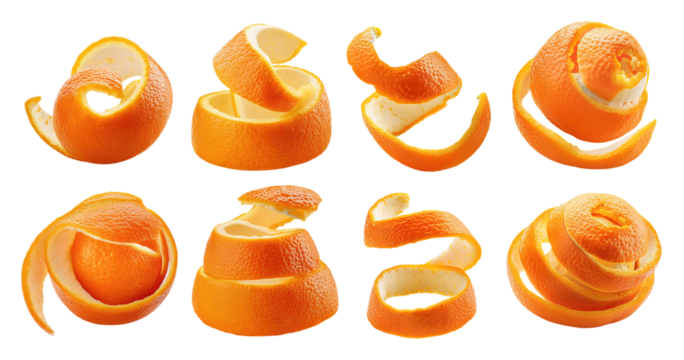 Vibrant Orange Peel Art Showcase with Creative Twists and Spirals, PNG bundle collection, Isolated on Transparent Background