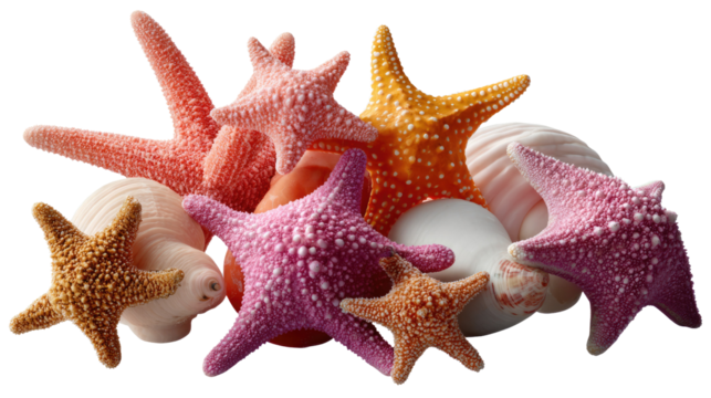 Coastal Treasures: A collection of vibrant starfish and seashells, each with unique textures and colors, evokes a sense of seaside tranquility.