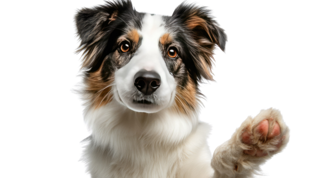 Friendly Aussie Shepherd: A close-up shot of an Australian Shepherd, its tricolor coat and expressive eyes captivating the viewer, with its paw raised in a gesture of greeting or attention. 