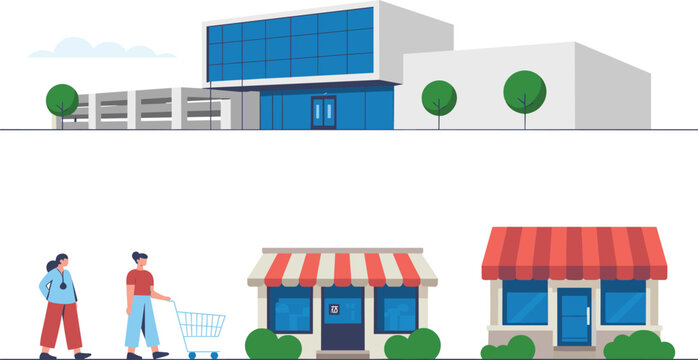 Vector illustration of large commercial shopping center and small local storefronts with shoppers, striped awnings, parking structure, and urban greenery