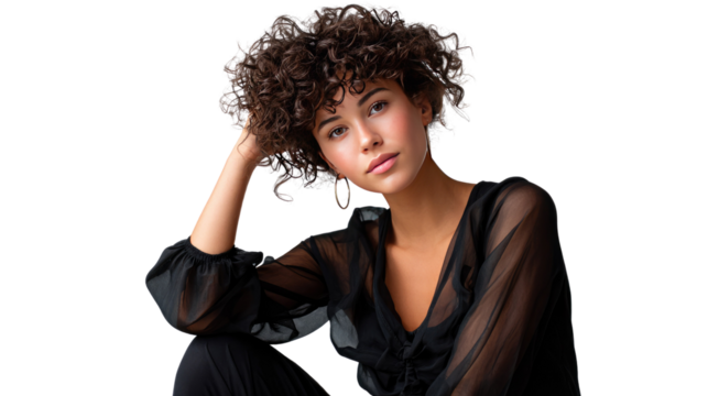 Elegance personified: A young woman with mesmerizing curly hair poses in an elegant black blouse, her thoughtful gaze reflecting inner beauty and poise.
