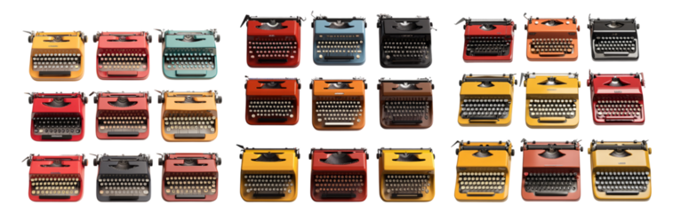 Colorful Vintage Typewriters in Various Styles and Colors Arrangement Isolated Transparent Background