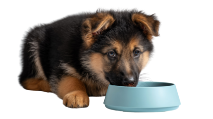 Puppy's Mealtime: A charming puppy enjoys its meal, focused on the food in a blue bowl, showcasing the innocence and daily routines of puppyhood.