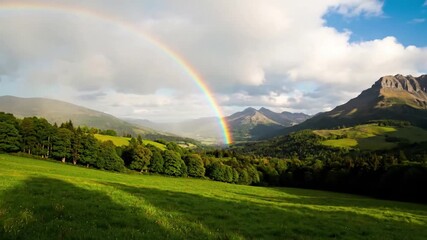 Close up of a reflective body of water, like a still lake or a dew kissed leaf, mirroring the brilliant hues of a rainbow filled sky, capturing the interplay of light and surface.