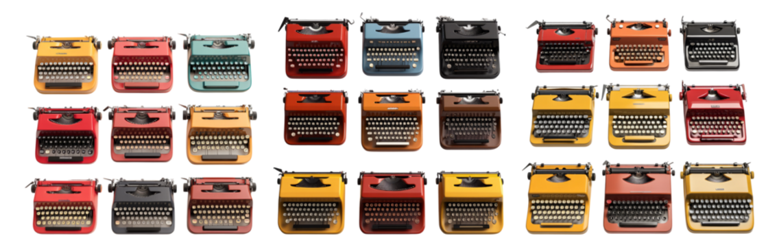 Colorful Vintage Typewriters in Various Styles and Colors Arrangement Isolated Transparent Background