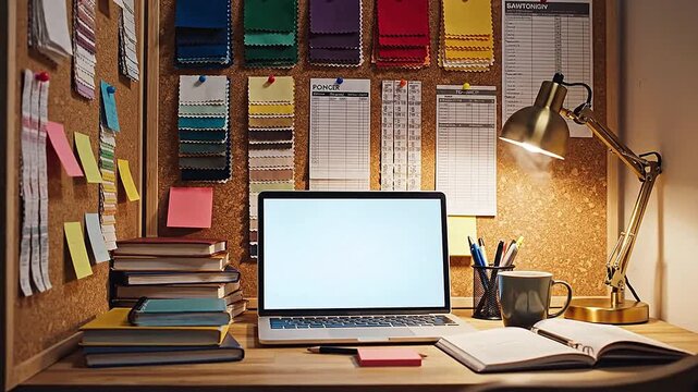 Wide shot of a compact study cubby, cork walls pinned with color swatches and timetable strips