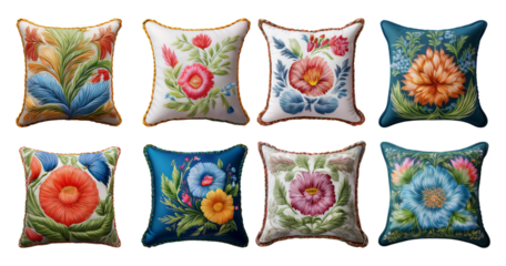 Colorful Floral Pattern Pillows for Home Decor and Interior Design, PNG bundle collection, Isolated on Transparent Background
