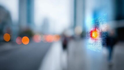 Cityscape of Futuristic Technology: A blurry urban setting, with tall structures and streets, is infused with a holographic representation of artificial intelligence. - Powered by Adobe