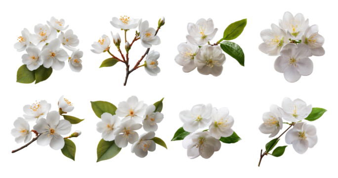 Various White Blossom Flowers with Green Leaves for Nature Themes, Bundle Set Collection, Isolated on Transparent Background