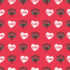 Red Love Pattern with Roses and White Hearts. Perfect for Valentine Day, romantic designs, wedding invitations, gift wrapping paper, textiles, greeting cards, and festive backgrounds.