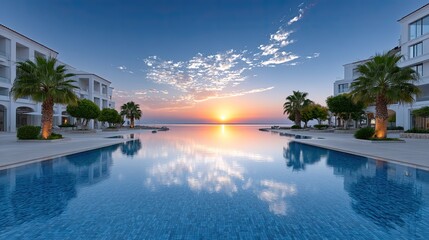 Luxury Resort Pool Reflects Fiery Sunset Over Calm Ocean Under Blue Sky With Wispy Clouds White Buildings With Palm Trees Line The Courtyard