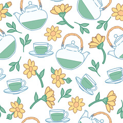 Botanical Tea Pattern with Teapot, Cup, and Leaf Stems. Perfect for packaging, cafe design, tea shop branding, kitchen decor, and organic product backgrounds.