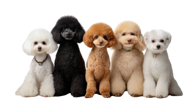 Poodles of Various Hues: A charming group of poodles, each a unique color, sit in a row, exuding cuteness. Displaying their variety and appealing aesthetic.