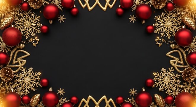 Festive christmas wreath with red baubles and golden snowflakes on a dark background