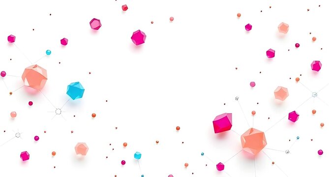 Minimalist Abstract White Background with Floating Pink, Coral, and Blue 3D Polygons and Scientific Network Connections - Powered by Adobe