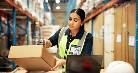 Warehouse, shipping and woman with barcode on box for supply chain, freight orders or inventory. Distribution, storage depot and person with scanner on laptop for inspection, logistics and delivery