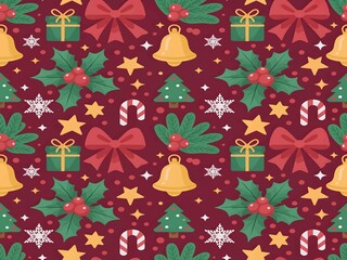 Festive Christmas Seamless Pattern with Holiday Icons on Red Background