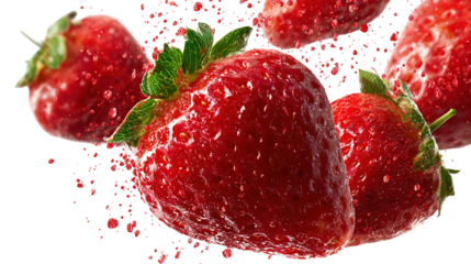 Strawberry cut out pattern. Ripe fresh flying red strawberry isolated on white background. With clipping path. Summer delicious sweet berry organic fruit, food, diet, vitamins, creative layout