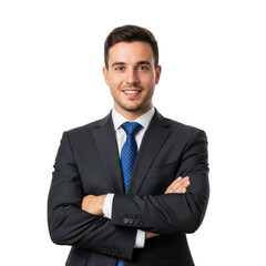 Professional businessman confidently posed with arms crossed wearing a dark suit and blue tie isolated on transparent background