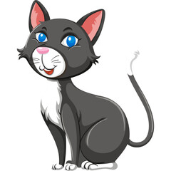 Charming grey and white tuxedo cat with bright blue eyes sitting and smiling playfully with a long tail and pink nose on a transparent background