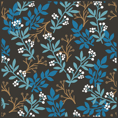 Wild Floral Blue Leaves and Berry Sprigs Pattern. Perfect for fabric prints, wallpaper, packaging, and stationery. The modern floral style combines natural elegance with a stylish decorative touch