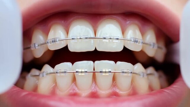 Dental braces on straight, healthy teeth in a close-up shot Stock Video