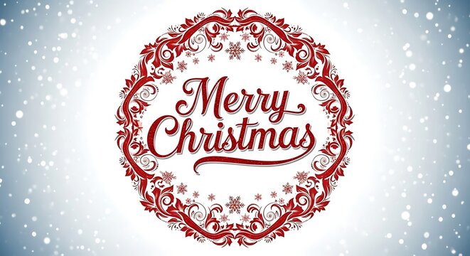 Elegant merry christmas greeting with ornate red border and falling snow background
