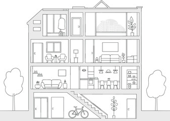 Modern house cross-section illustration, interior room layout, black and white vector home design, architectural floor plan, detailed apartment sketch