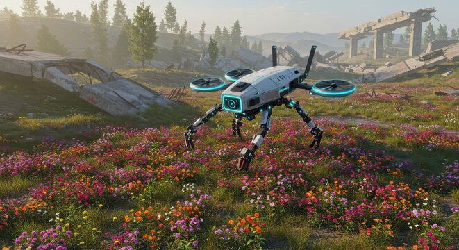 Robotic reconnaissance unit stands amidst a vibrant field of wildflowers near derelict overpass structures