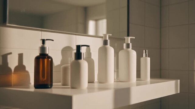 Various empty white and brown plastic pump bottles with dispensers placed on a white shelf with a mirror in the background, representing bathroom or personal care products