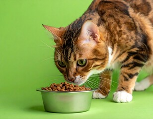 Close-up of a domestic feline with distinctive patterned fur, focused on consuming food from a metallic bowl set against a vibrant green background