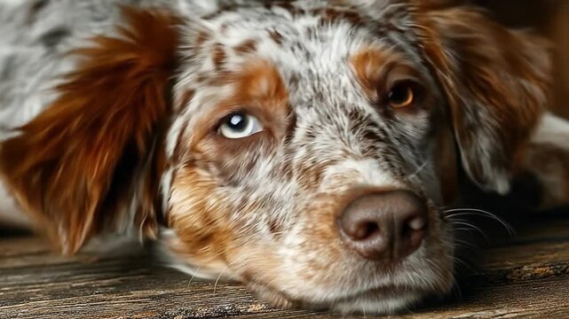 Close up portrait of a dog with brown white and black markings