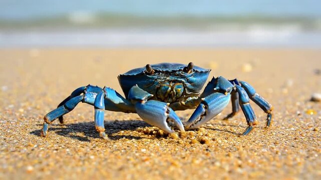 A close up perspective of a fiddler crab creating intricate patterns in the wet mudflats, highlighting its unique claw movements and foraging. tidal zone, animal behavior, detailed textures