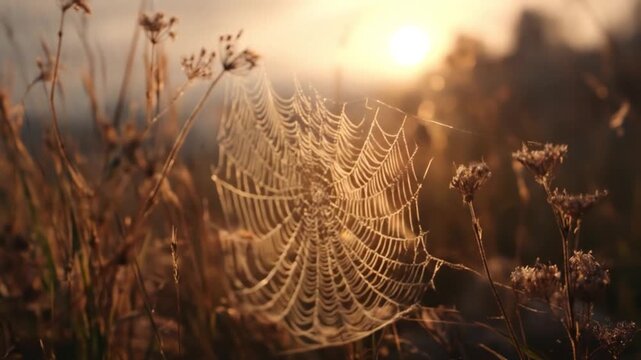 Dawn light bathes a dewy spider web among dry grasses, intricate threads glistening softly at dawn.