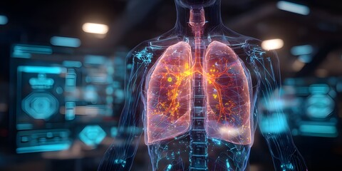 AI-generated 3D holographic visualization of human lungs showing lung cancer cells and inflammation, futuristic medical technology and healthcare diagnosis concept.