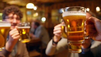 Friends clinking mugs of frothy beer in a cheerful gathering at a bar. The amber liquid in the glasses creates a warm and inviting atmosphere.  Stock Video
