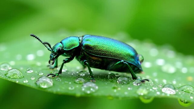 Showcasing the mesmerizing patterns and metallic sheen of an exotic beetle, emphasizing its natural camouflage and the rich biodiversity of its habitat.