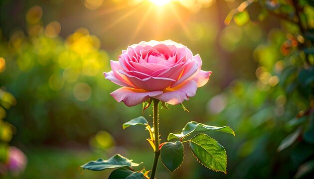 Close-up of a delicate pink rose bathed in warm sunlight, with a blurred green background