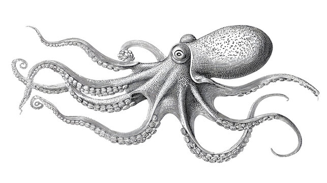 Intricate Octopus Illustration: An artful black and white illustration of an octopus with detailed depiction of its unique form, showcasing the grace and complexity of the sea creature.