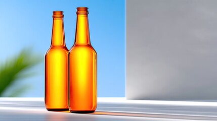 Two Amber Glass Beer Bottles Stand Tall Against a Bright Blue Sky with Subtle Greenery and Light Gray Wall Backdrop