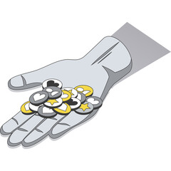 Flat Graphic Design Illustration Of A Hand Holding A Pile Of Stylized Coins With Grey And Yellow Accents Against A White Background With A Subtle Shadow