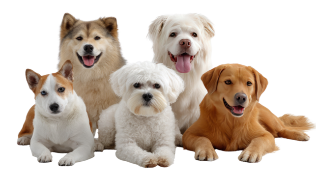 Friendly Paws: A gathering of dogs, each with its unique charm, forms a heartwarming portrait of canine companionship, capturing the essence of diverse breeds and boundless affection.