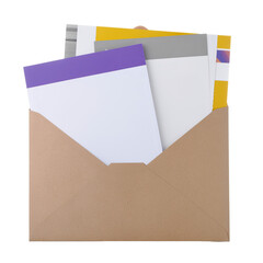 A brown paper envelope holds several documents including white, purple, gray, and yellow sheets.