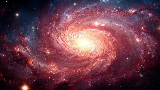 Bright spiral galaxy with glowing core, pink and blue arms twisting in interstellar dust amid stars!