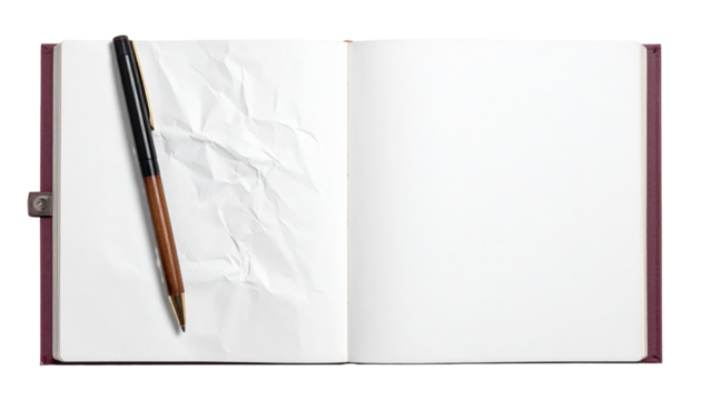 Open Notebook with Pen: A pristine open notebook with blank pages, accompanied by an elegant pen, poised for ideas and reflections.